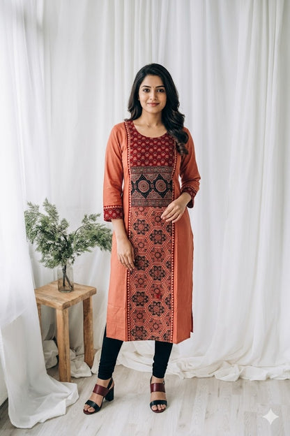 AJRAKH ESSENCE PEACH KURTI-6037