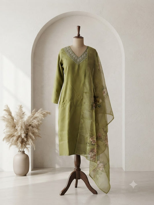 GREEN SILK ETHNIC SUIT-1188