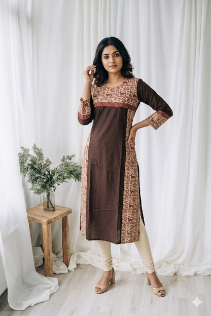 BROWN WARLI PRINT KURTI-6040