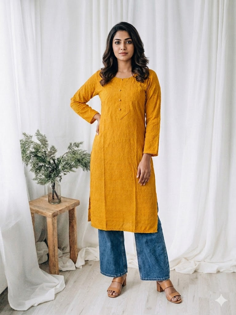 YELLOW CHIKANKARI KURTI-1505