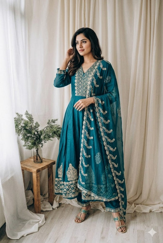 TEAL CHINON ETHNIC SUIT-2050