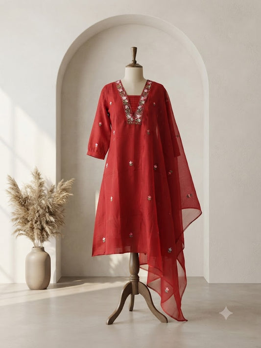 RUST FLORAL CHANDERI ETHNIC SUIT-1740