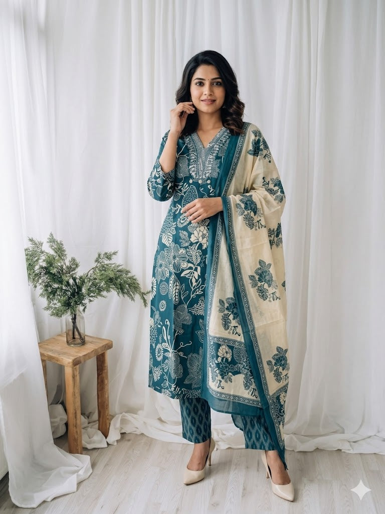 TEAL FLORAL KURTI SUIT-1330