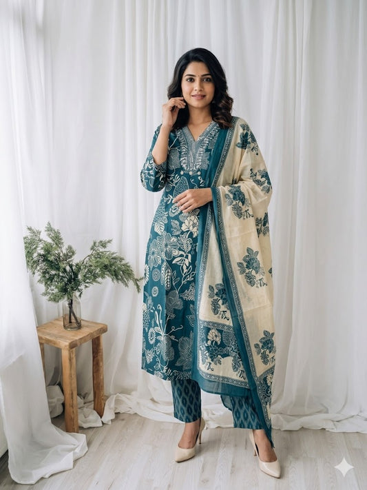 TEAL FLORAL KURTI SUIT-1330
