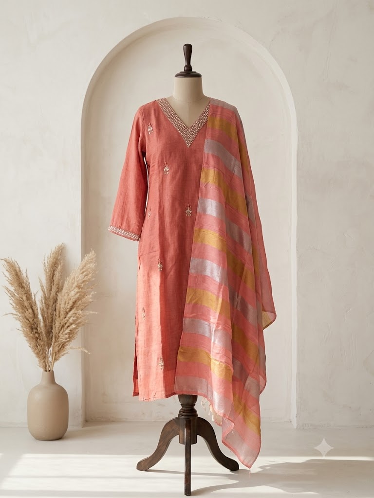 PEACH CHANDERI ETHNIC SUIT-1451