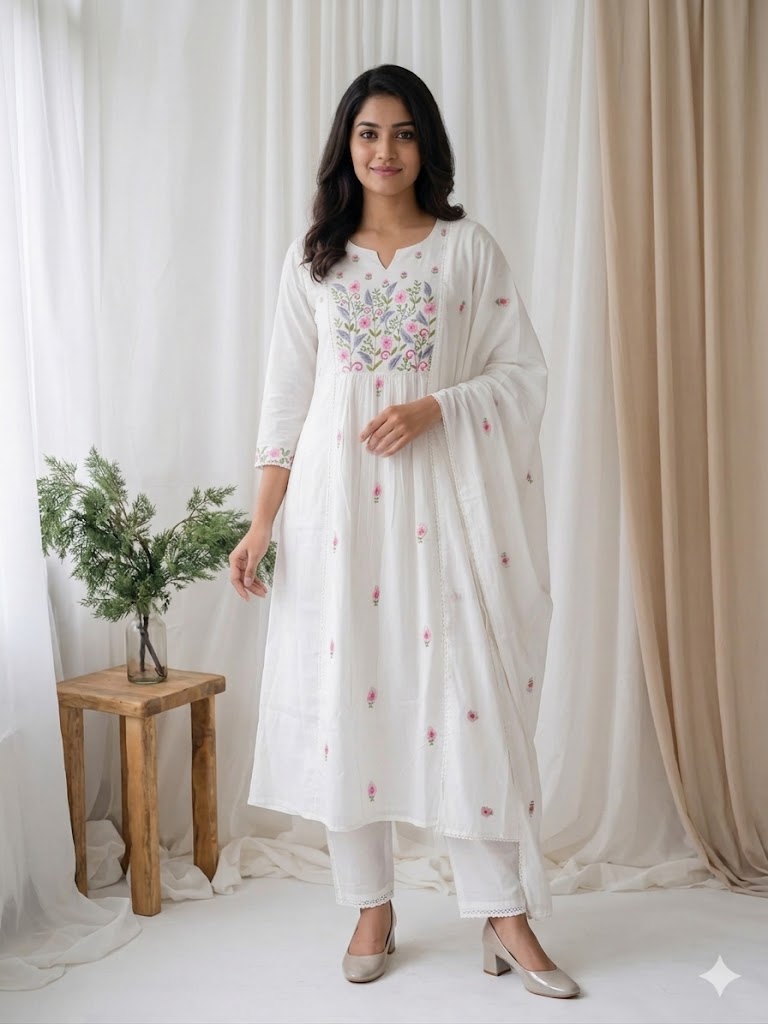 MULBLOOM WHITE LEAFY KURTI SET-2105