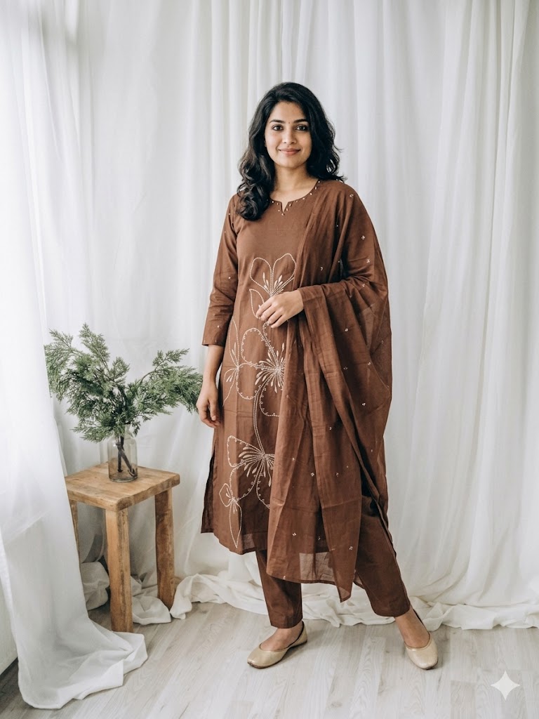 BROWN PETALINE KURTI SET-1515