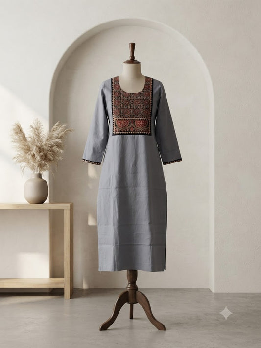 AJRAKH YOKE GREY KURTI-6091