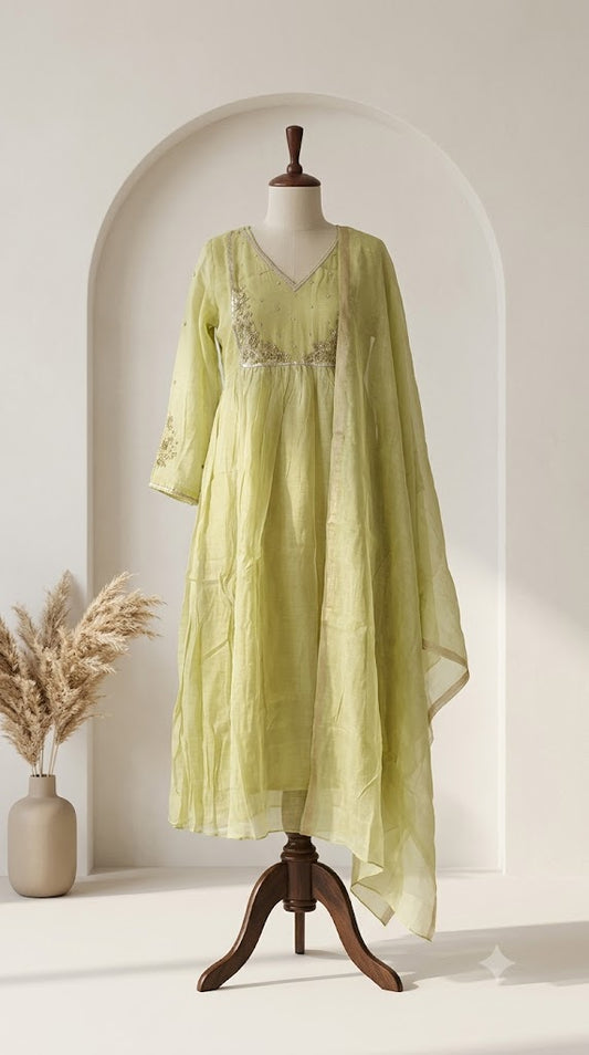 LEMON GREEN CHANDERI ETHNIC SUIT-1746