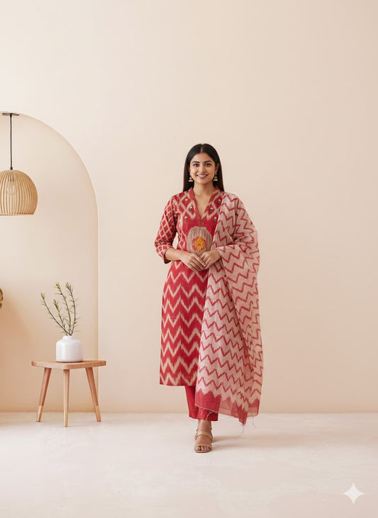 RED IKKAT KURTI SET-1502