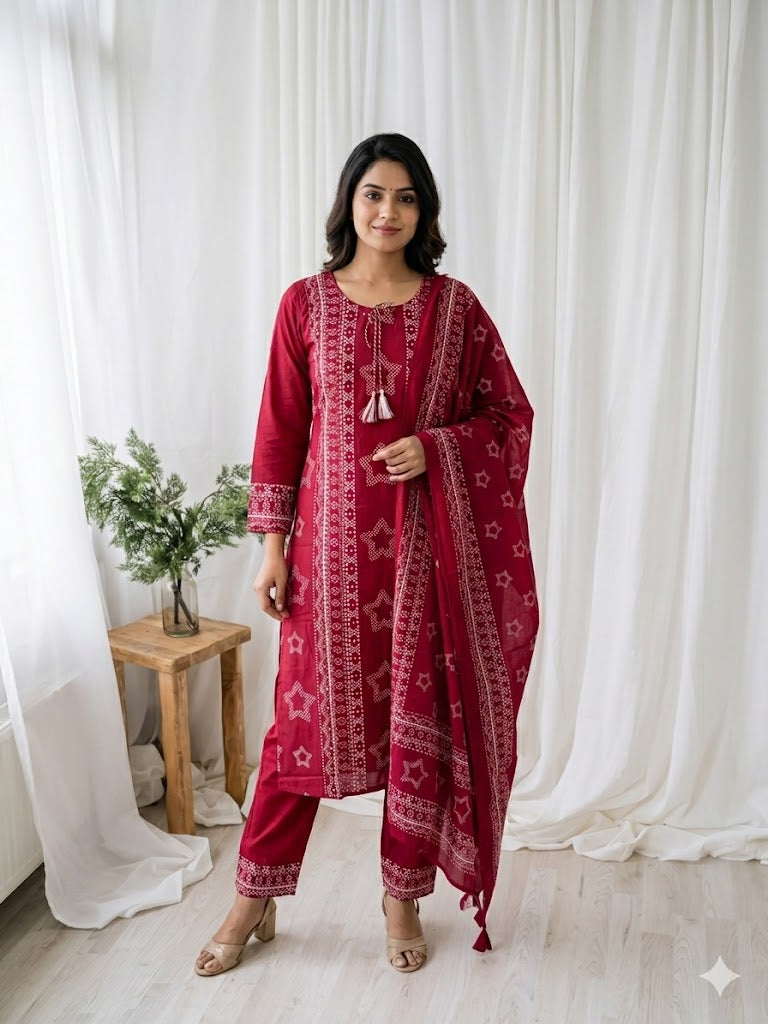 RED PRINT KURTI SET-1618