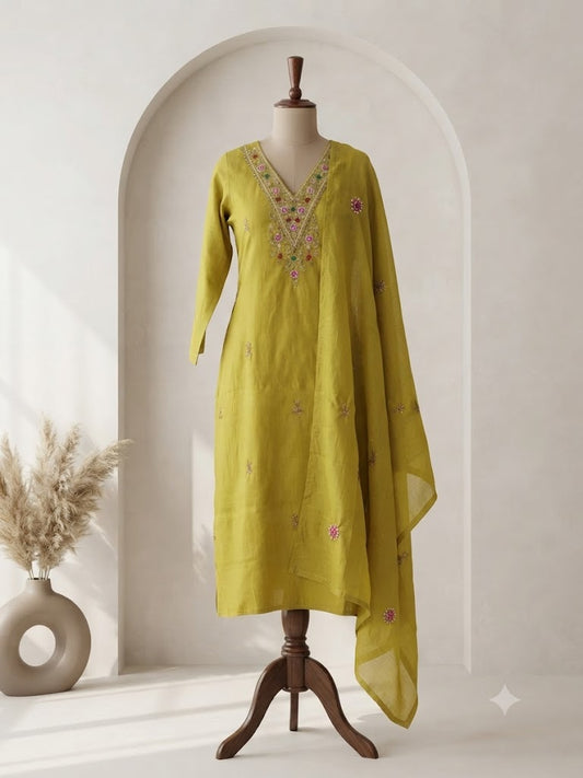 GREEN CHANDERI ETHNIC SUIT-1723