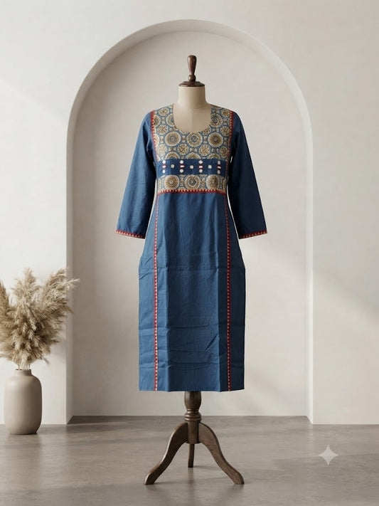 AJRAKH MIRROR BLUE KURTI-6089