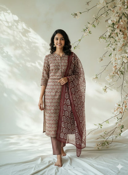 CREAM AJRAKH ETHNIC SUIT - 1506