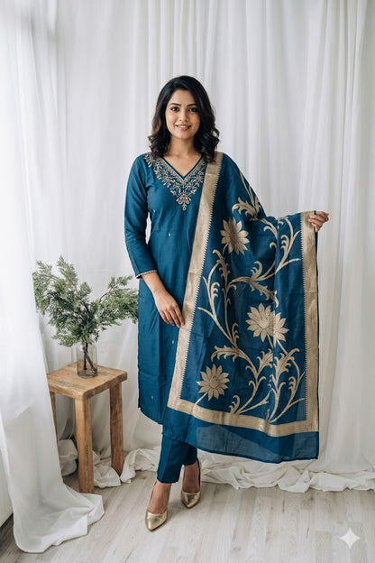 ROYAL WEAVE BLUE ETHNIC SUIT-1576