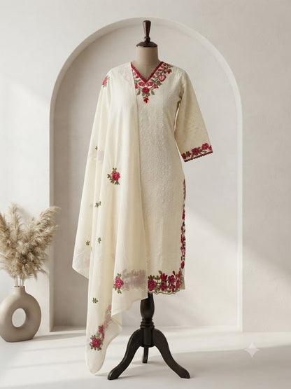 CREAM FLORAL KURTI SET-1762