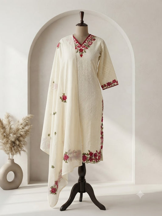 CREAM FLORAL KURTI SET-1762