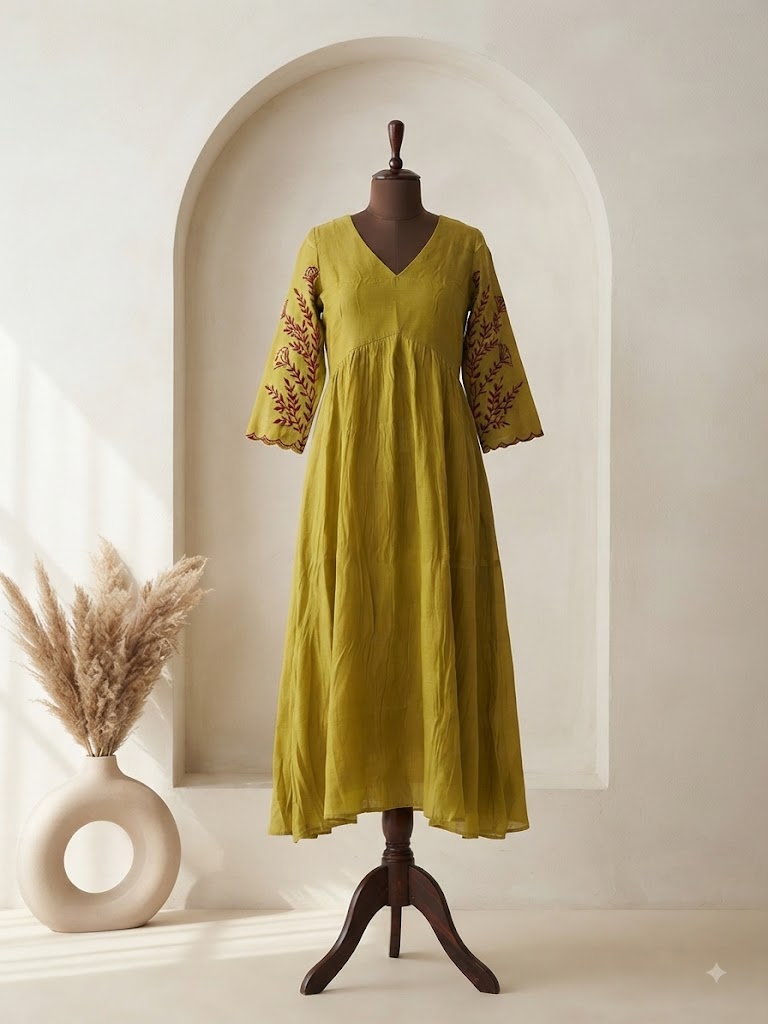 LEMON YELLOW CHANDERI KURTI-6146
