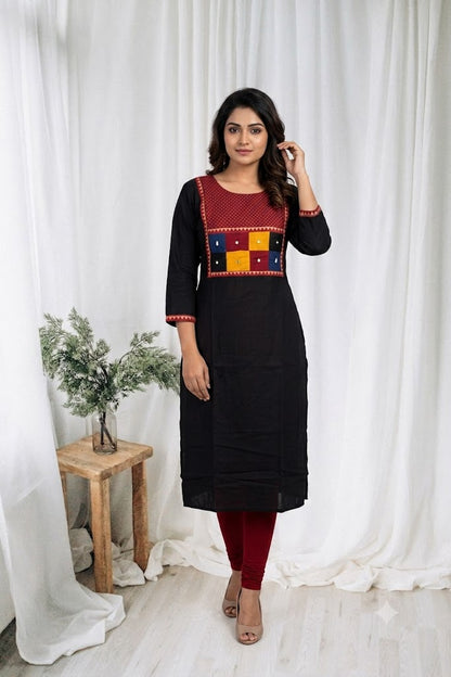 AJRAKH PATCH BLACK  KURTI-6092