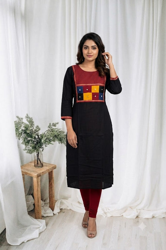 AJRAKH PATCH BLACK  KURTI-6092