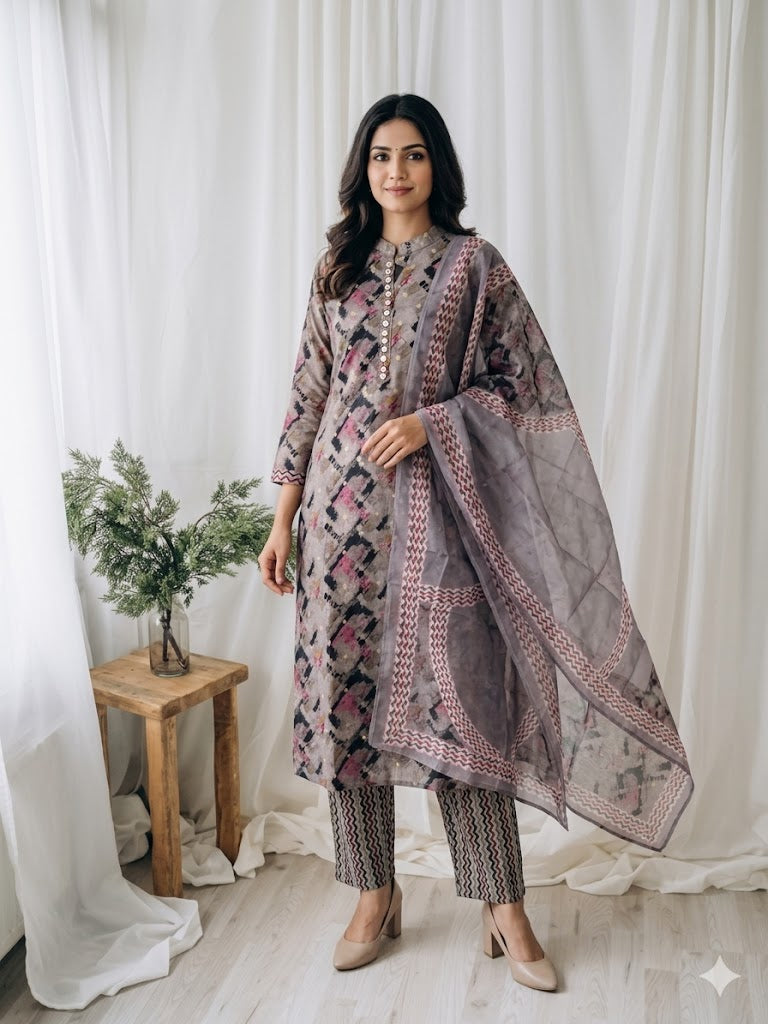 GREY AJRAKH ETHNIC SUIT - 1487