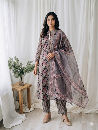 GREY AJRAKH ETHNIC SUIT - 1487