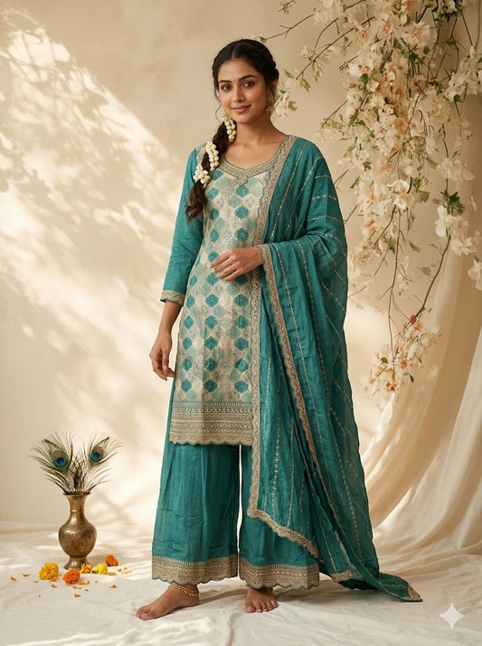 JACQUARD GREEN SHARARA SUIT-1356