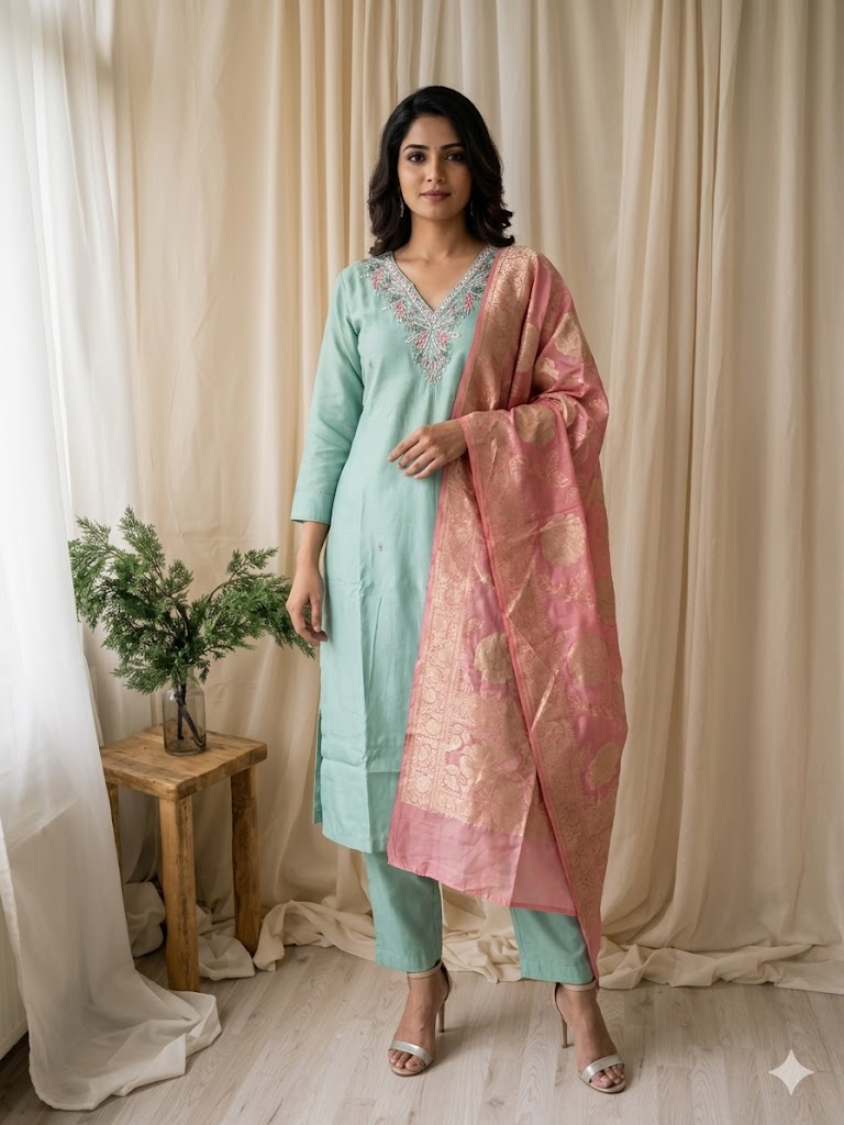 FUSION HUES MINT GREEN ETHNIC SUIT-1533