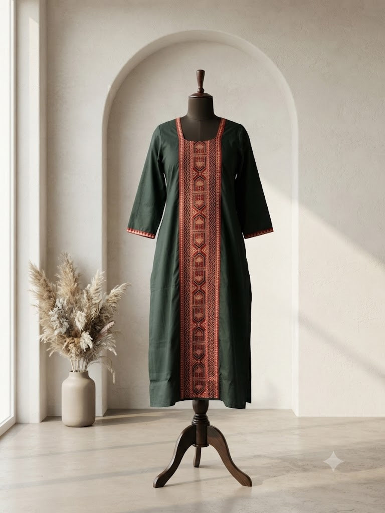 GREEN AJRAKH PANEL KURTI-6076