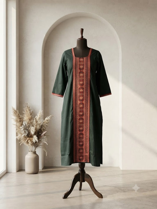 GREEN AJRAKH PANEL KURTI-6076