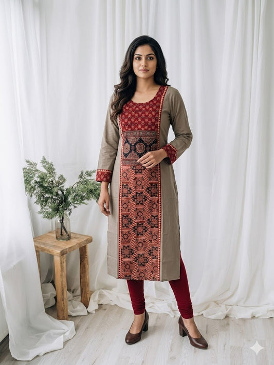 AJRAKH ESSENCE BROWN KURTI-6037
