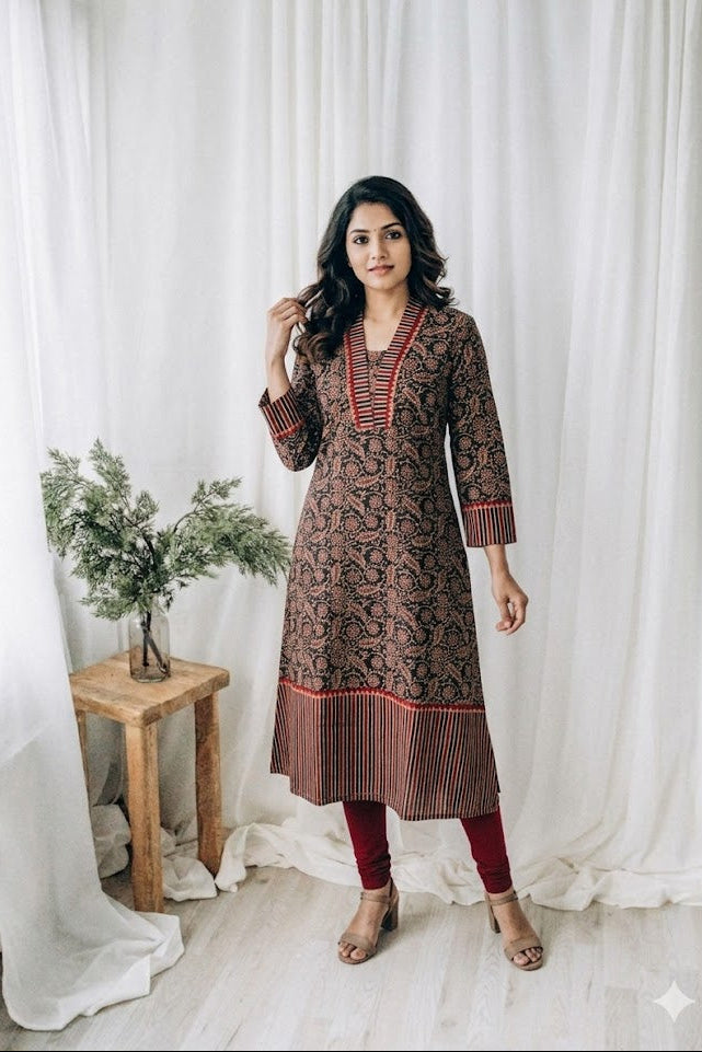 BLACK AJRAKH ALINE KURTI-6075
