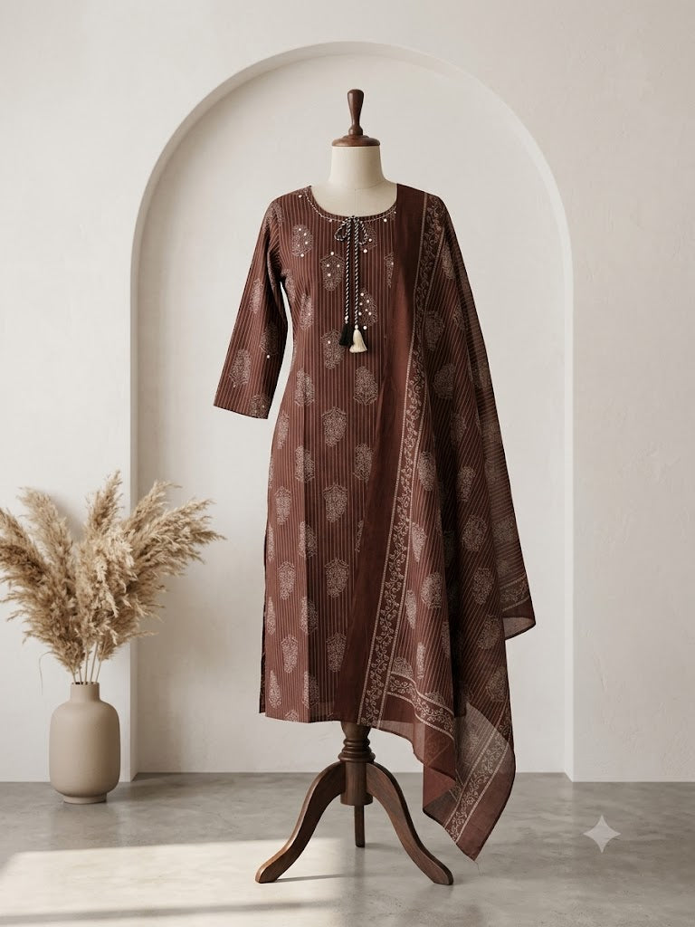 BROWN COTTON KURTI SET-1685
