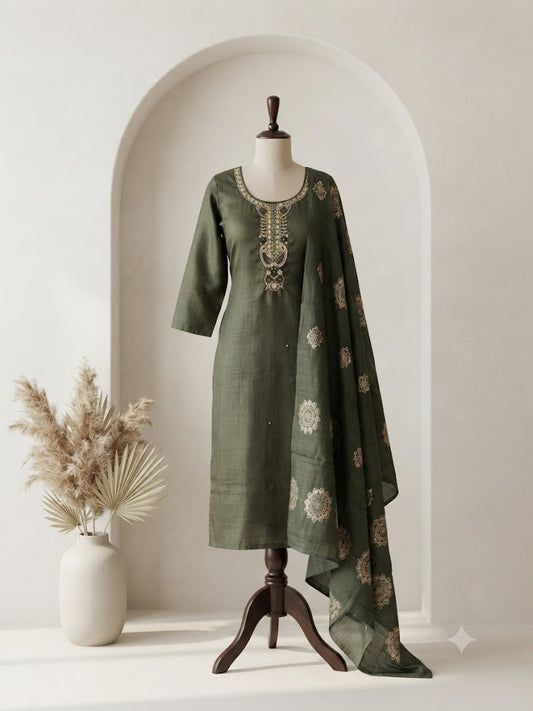 GREEN SILK ETHNIC SUIT-1496