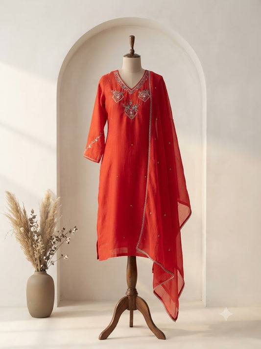 ORANGE CHANDERI ETHNIC SUIT-1445