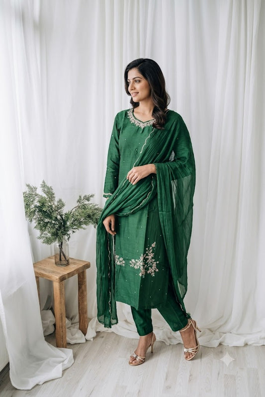 GREEN SILK ETHNIC SUIT-1523