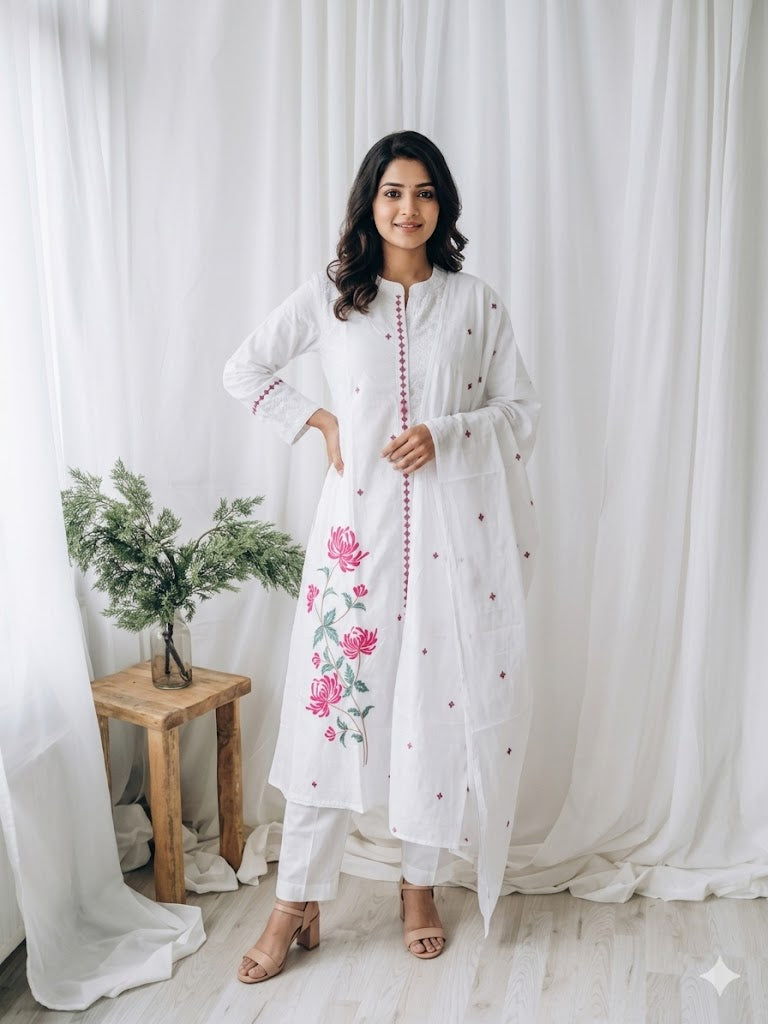 WHITE ALINE FLORAL KURTI SET-2106