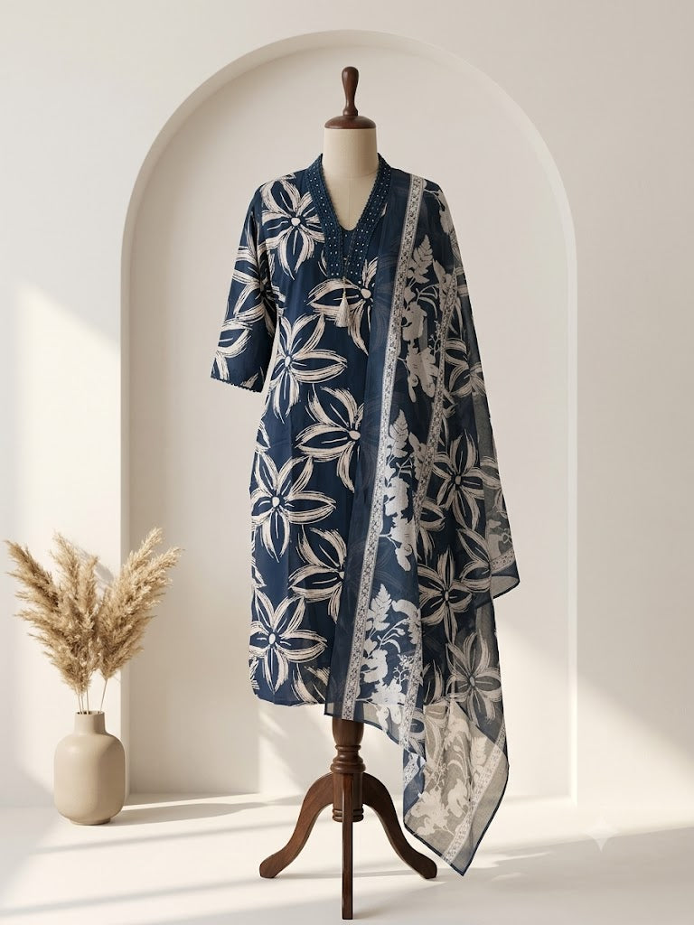 BLUE COTTON KURTI SET-1050