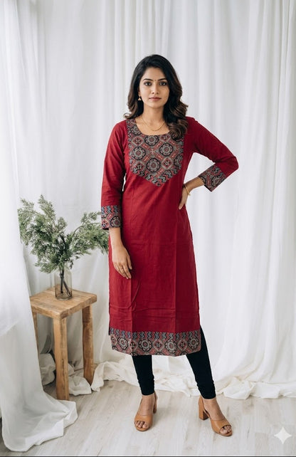 AJRAKH AURA MAROON KURTI-6034