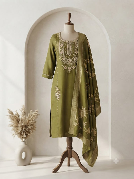 GREEN SILK ETHNIC SUIT-1497
