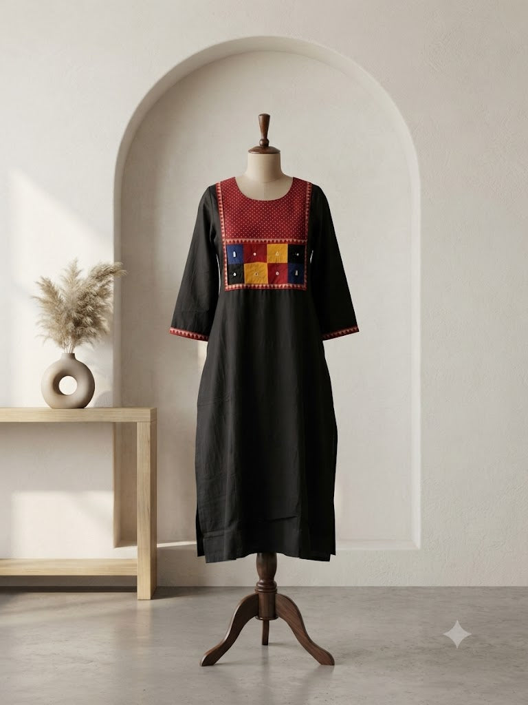 AJRAKH PATCH BLACK  KURTI-6092