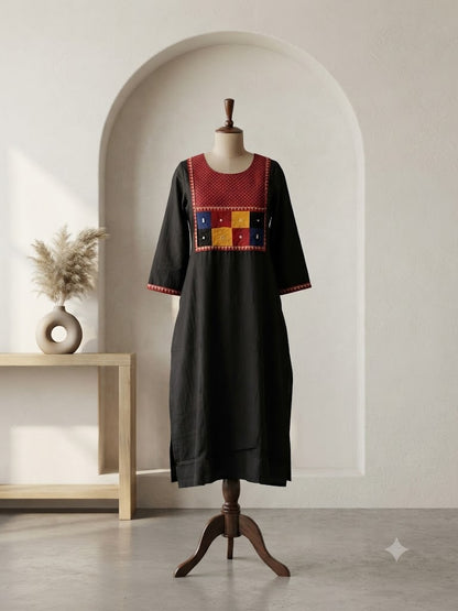 AJRAKH PATCH BLACK  KURTI-6092