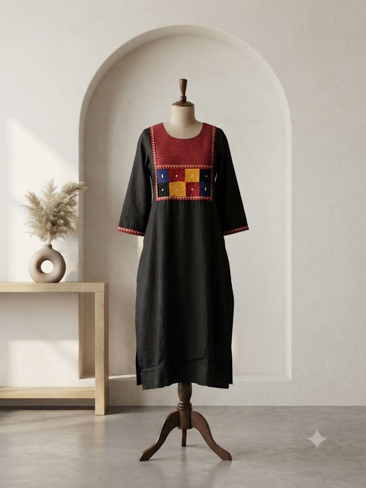AJRAKH PATCH BLACK  KURTI-6092