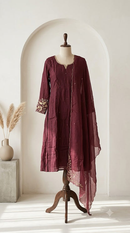 MAROON CHANDERI ETHNIC SUIT-1744
