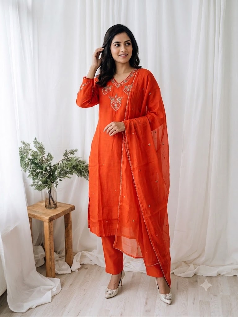 ORANGE CHANDERI ETHNIC SUIT-1445