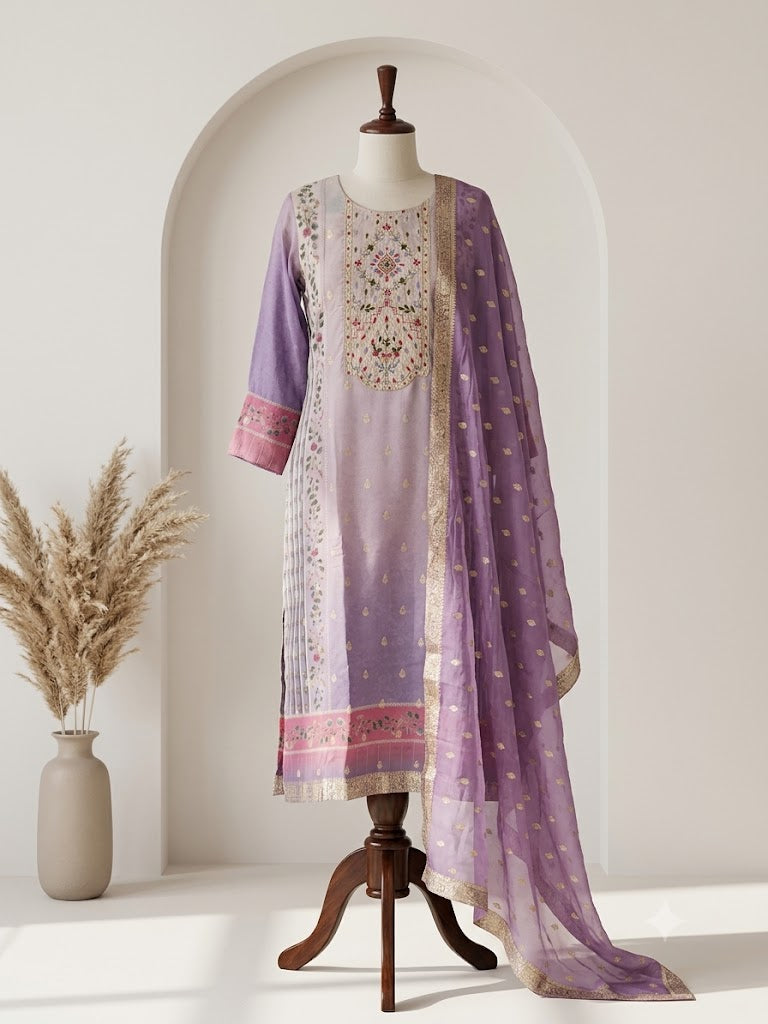 LAVENDER SILK PRINT ETHNIC SUIT-1464