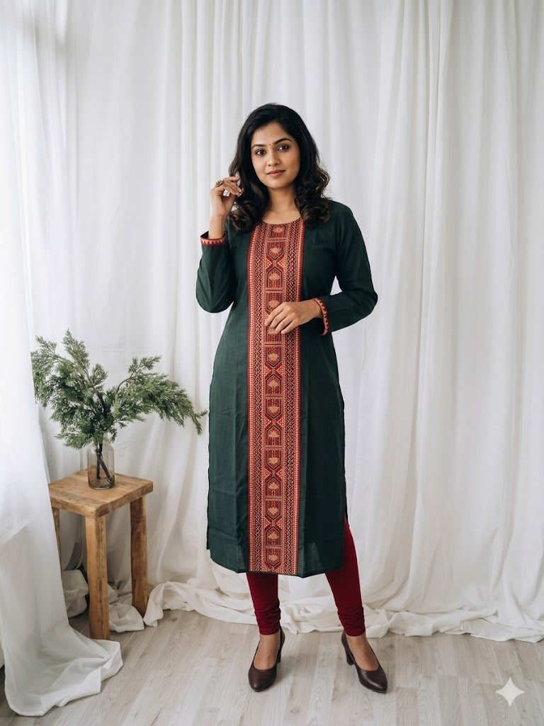 GREEN AJRAKH PANEL KURTI-6076