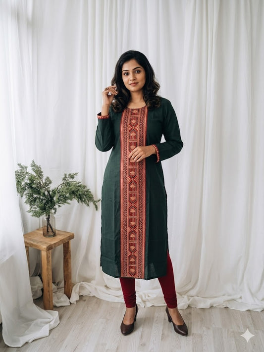 GREEN AJRAKH PANEL KURTI-6076