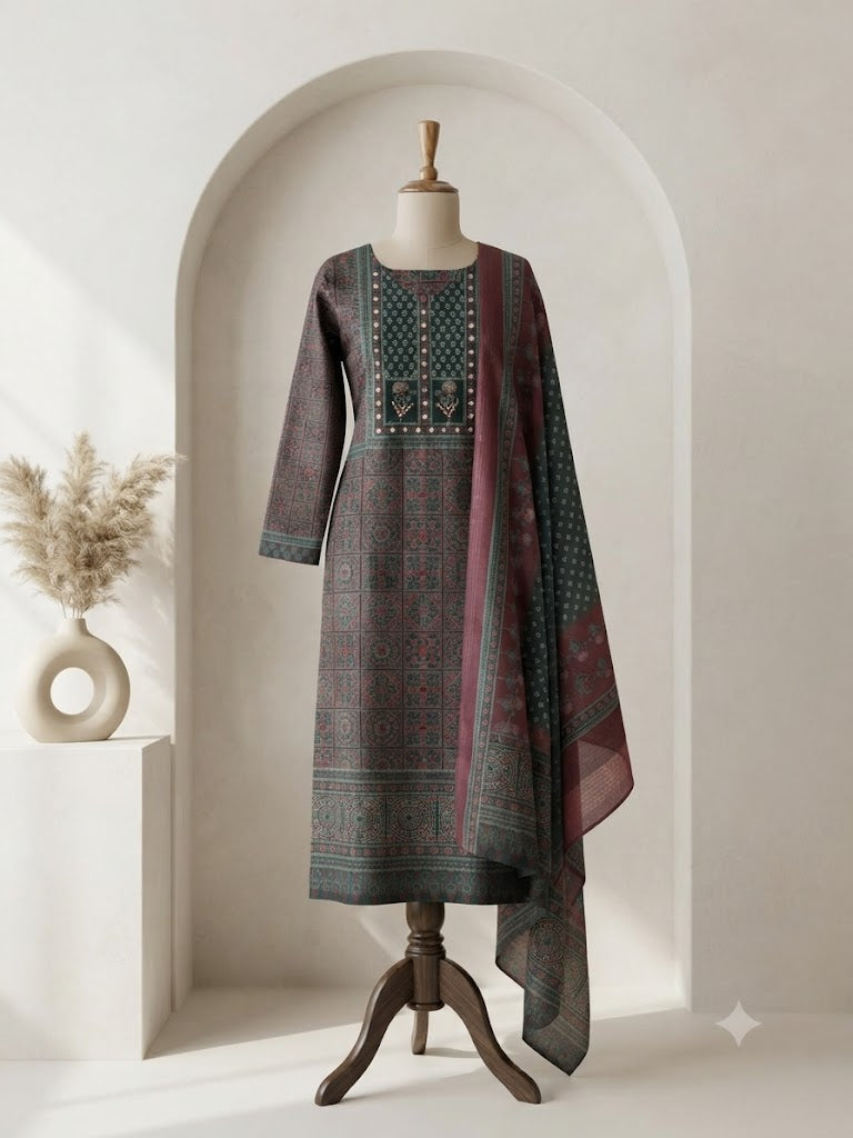 GREEN PATTERN ETHNIC SUIT-1492