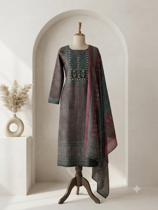 GREEN PATTERN ETHNIC SUIT-1492